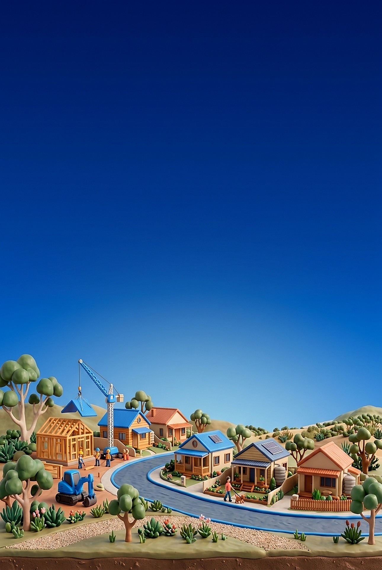 A claymorphic illustration of an Australian neighbourhood being built - homes, a crane and a timber-framed house by the coast