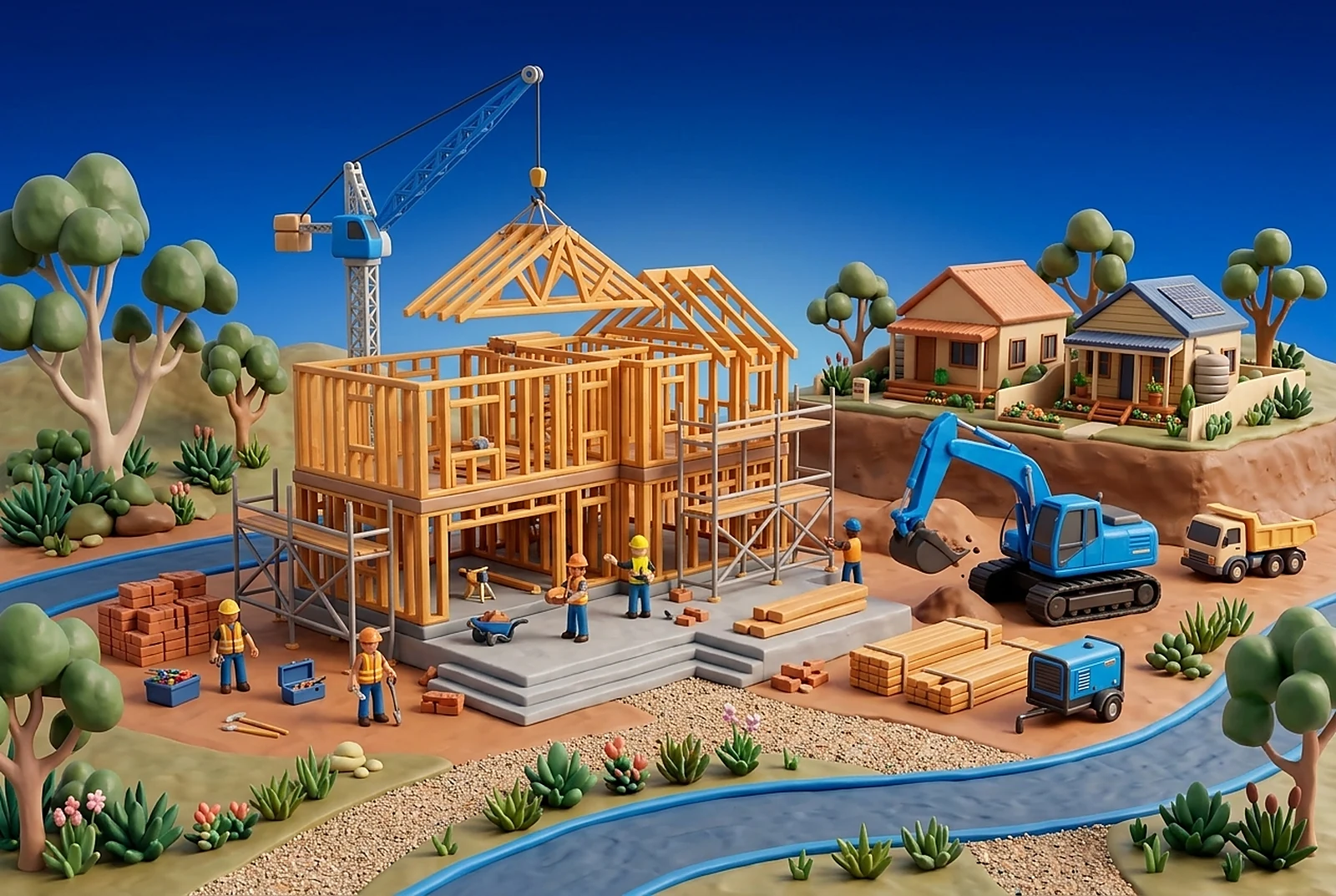 A partially framed Adelaide home in mid-construction, sun on the timber