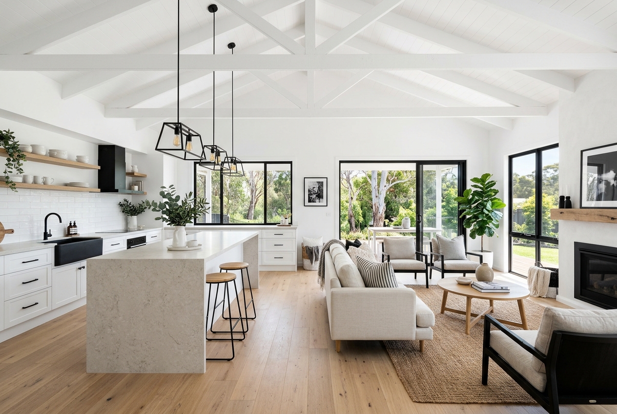Modern farmhouse interior with a high raked ceiling and exposed beams, a large country island kitchen and matte-black fittings