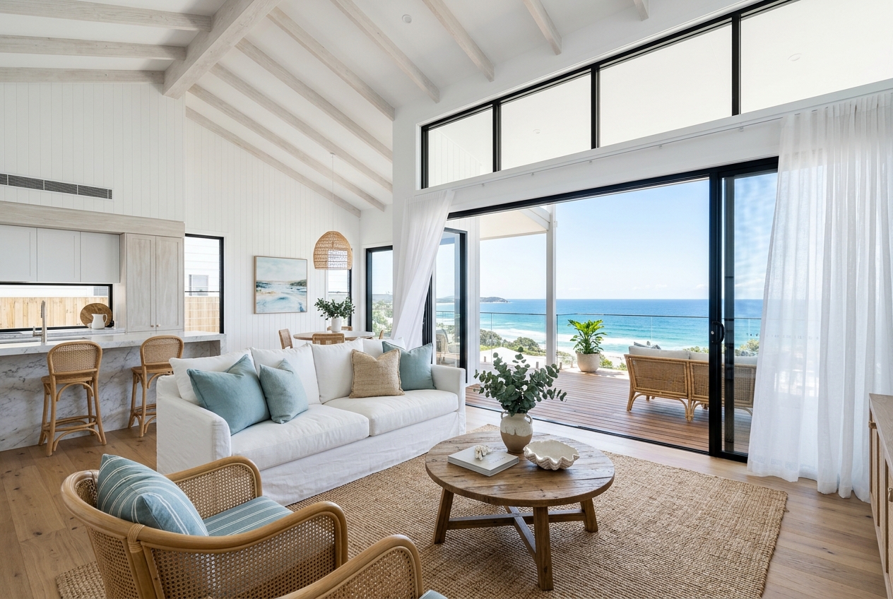 Bright coastal living space with white walls, raw timber, rattan and linen, opening through large sliding doors to a deck