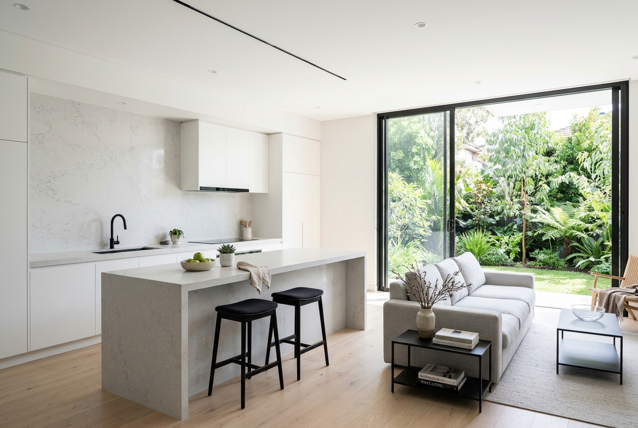 Open-plan contemporary kitchen and living space with a stone island, dark-framed stacker doors to an alfresco and warm timber