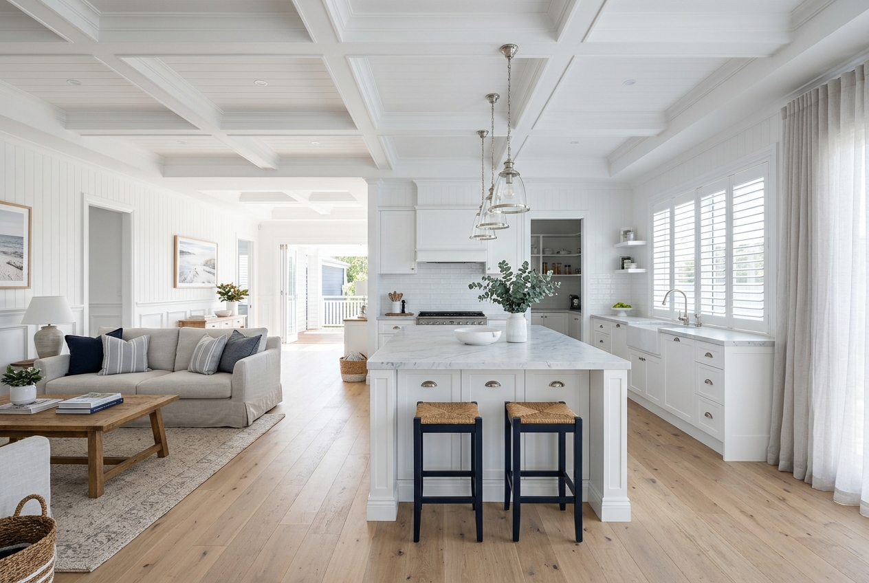 Bright open-plan Hamptons kitchen and living space with a white shaker island, VJ panelling, a coffered ceiling and a navy accent