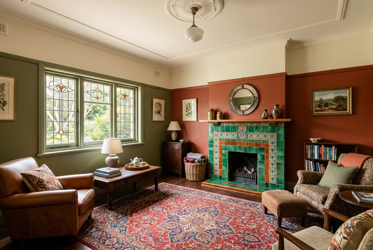 Warm California Bungalow living room with timber floors, built-in cabinetry, a tiled fireplace and leadlight windows