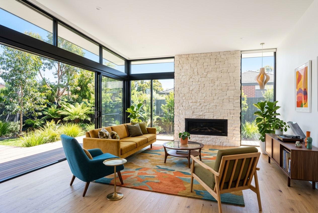 Mid-century modern living space with walls of glass to the garden, a stone feature wall, timber-lined ceiling and low-slung furniture