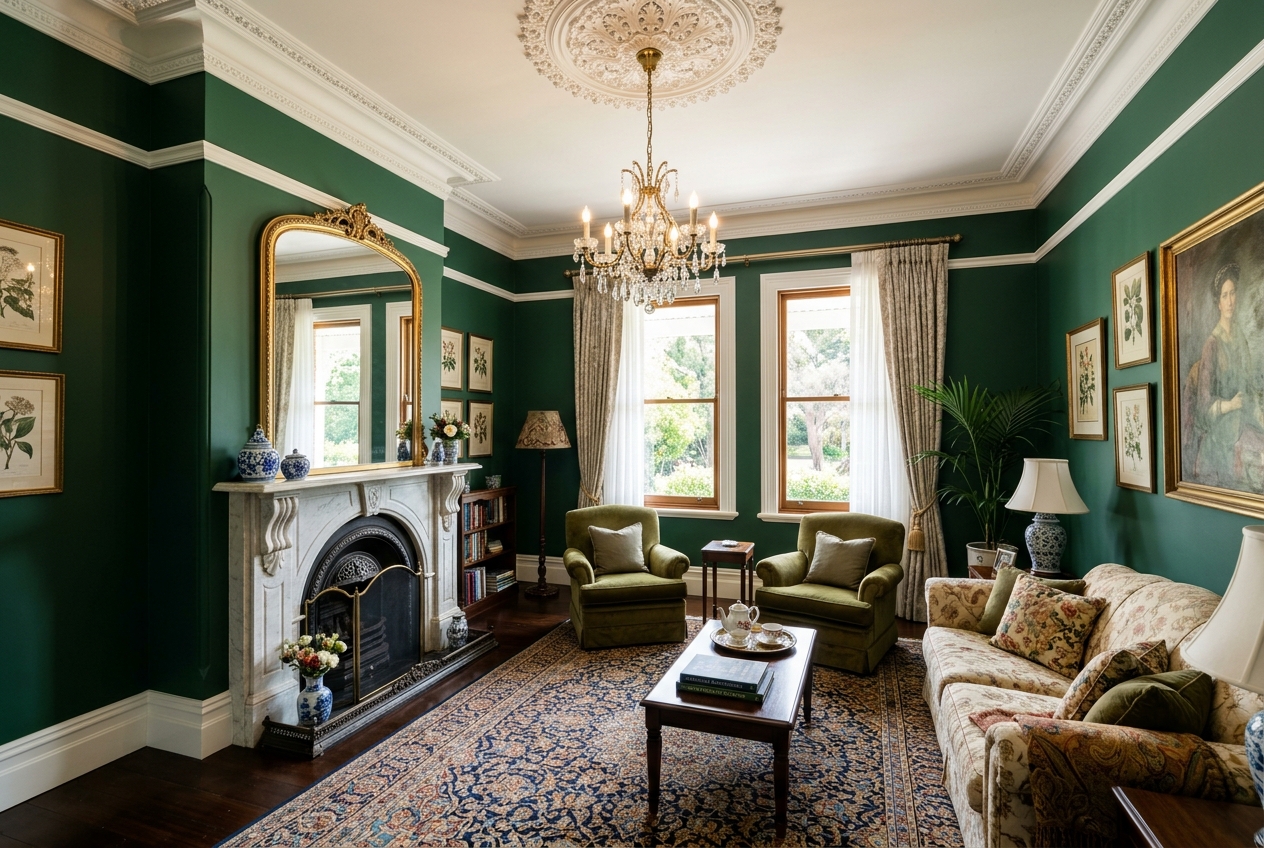 Formal front living room of a new Victorian-style home with a marble fireplace, ornate ceiling rose and tall sash windows