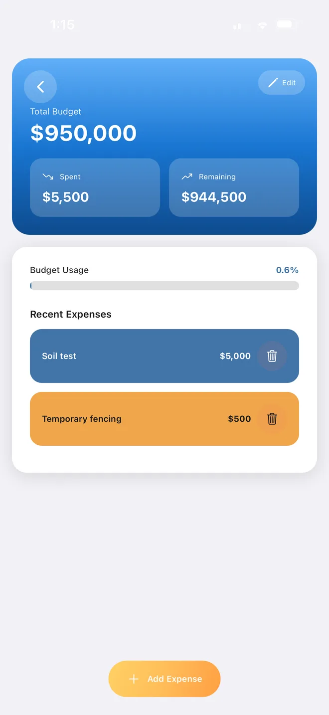 BuildPilot workspace Cost Tracker on desktop and iPhone mobile view