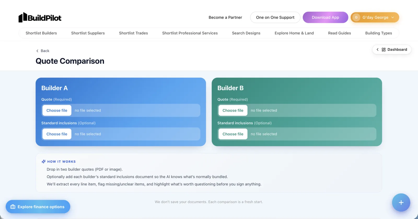 BuildPilot workspace Quote Comparison module on desktop and iPhone