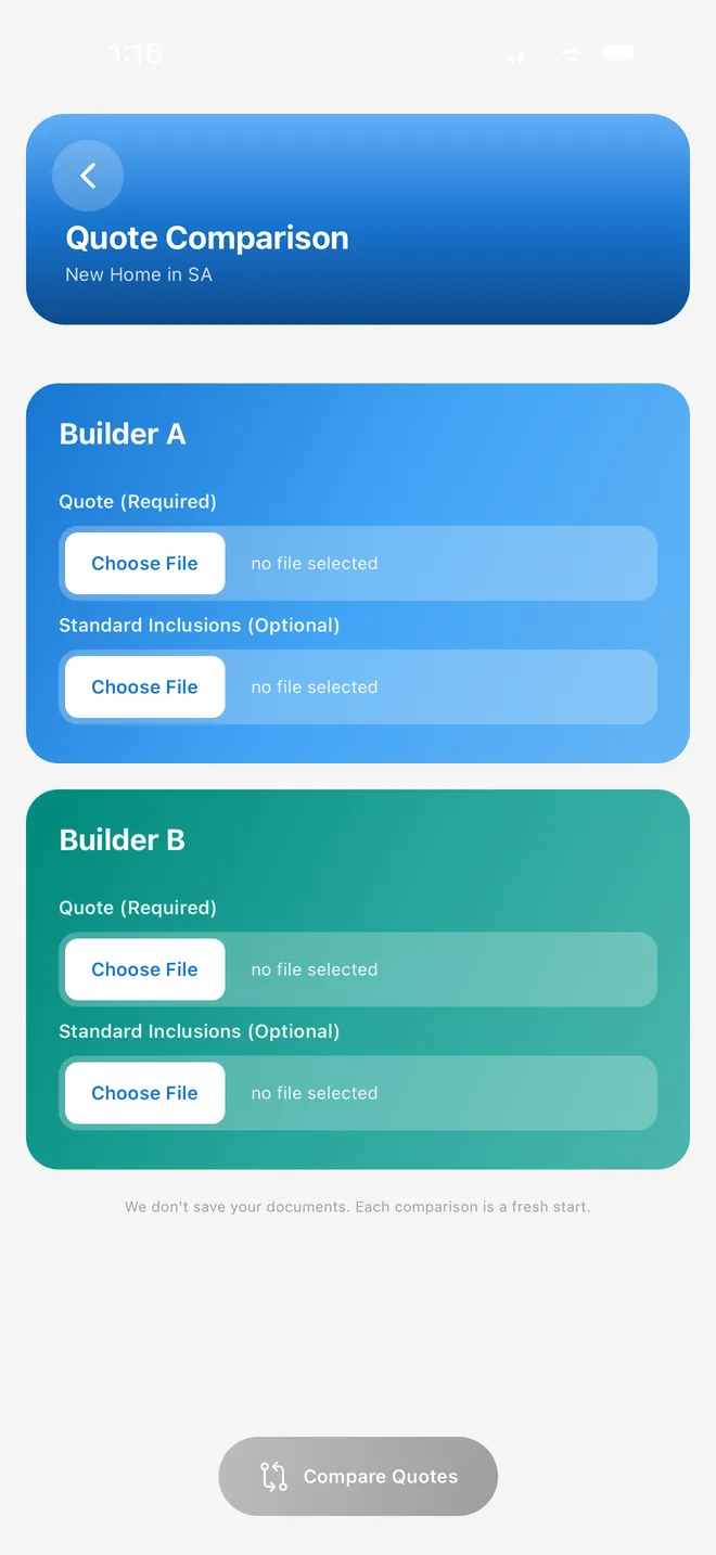 BuildPilot workspace Quote Comparison module on desktop and iPhone mobile view