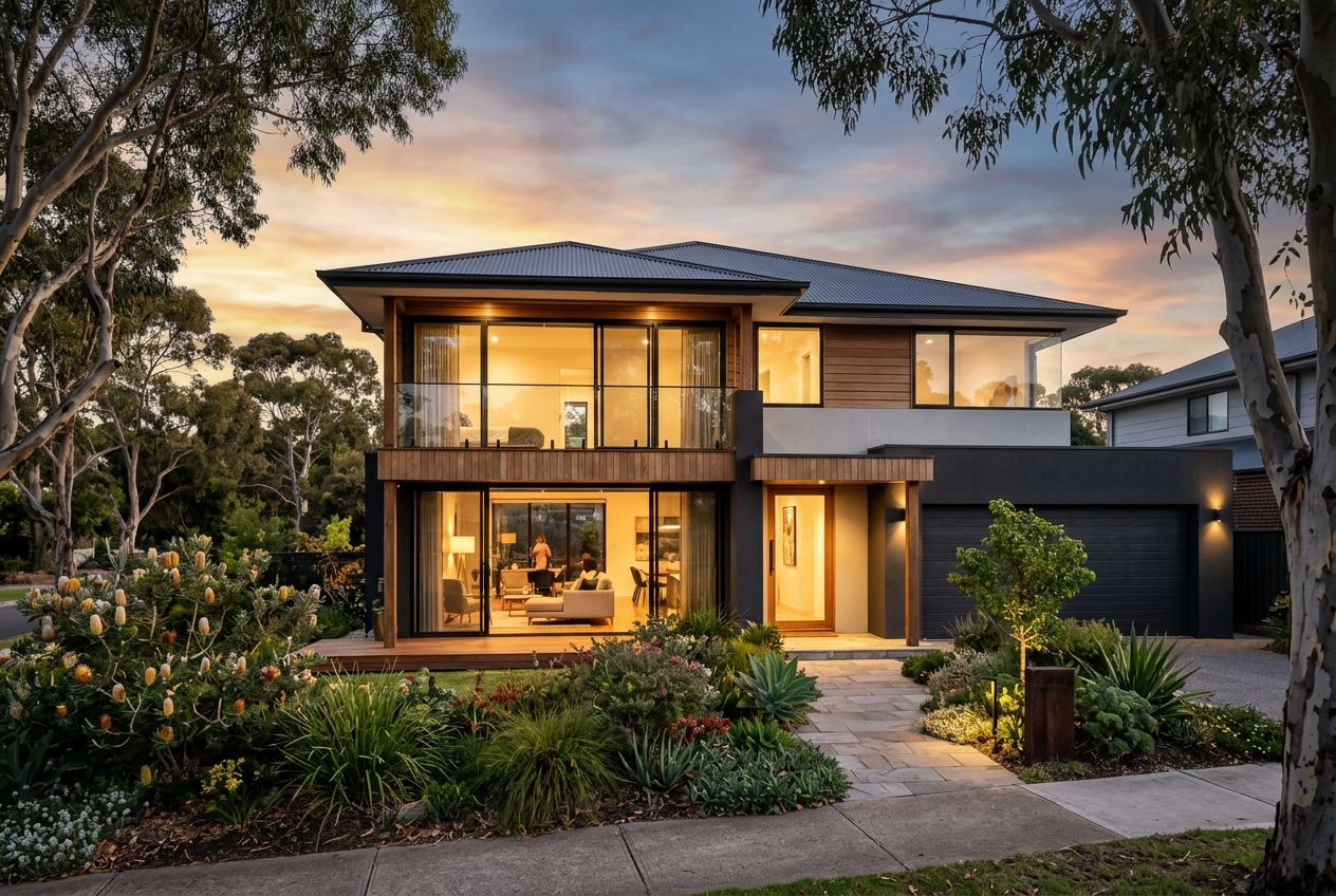 Contemporary Australian family home glowing at dusk